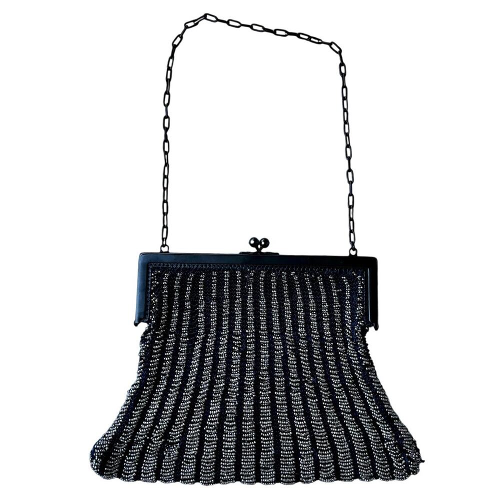 Antique 1920s Navy Micro Beaded Flapper Purse Art Deco Glass Seed Bead Bag
